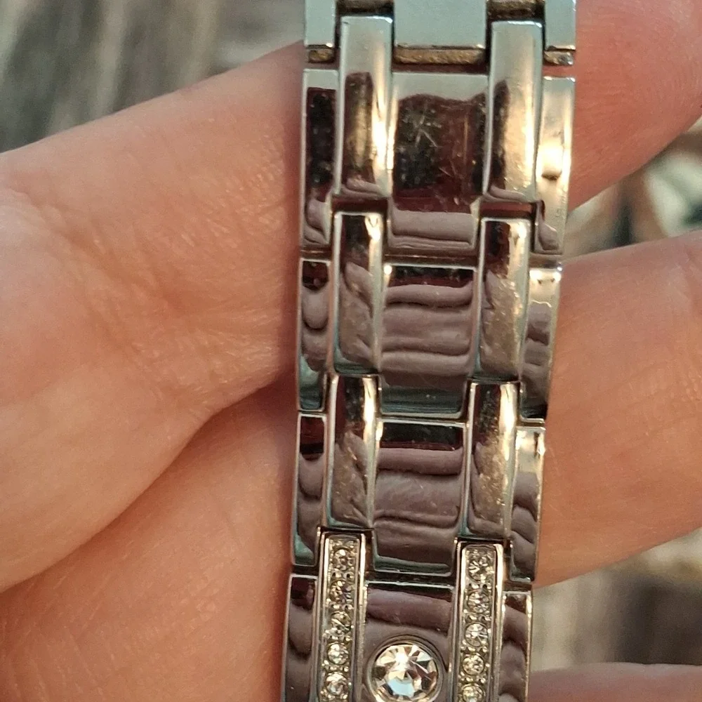 Two Womens Rhinestone Encrusted Silvertone 34mm Watches. Pre-Owned.